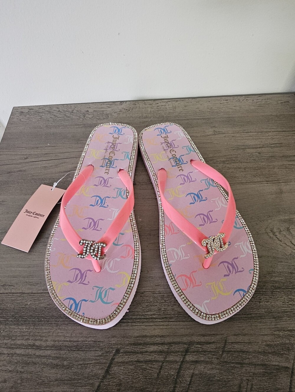 Juicy Couture Pink Rhinestone Logo Flip Flops Multicolor Y2K Bling Sandals NWT